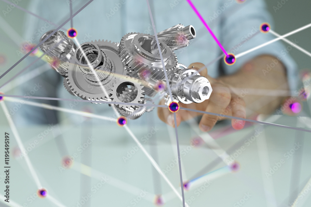 Poster gear system data. Connecting lines and dots.Big data visualization  - 3d
