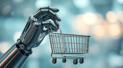 a robot hand holding shopping cart, concept of futuristic ai tech shopping experience
