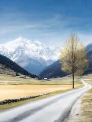 Fototapeta premium Serene mountain road winds gently past a solitary tree bathed in bright sunlight. AI Generated