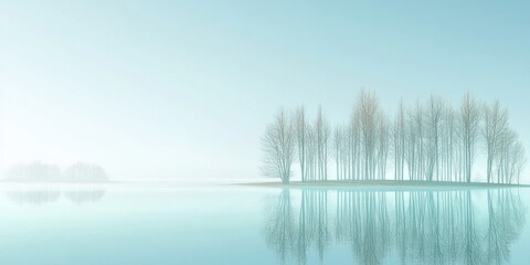 Fototapeta premium A calm lake mirrors a row of bare trees along the shore, shrouded in mist, creating a serene and peaceful environment in the early morning light