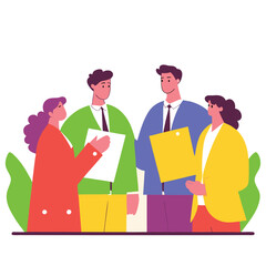 Stand up meeting - Business team of people having a discussion while standing. Flat design vector illustration with white background (1).eps