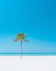 Fototapeta premium Minimalistic Beach Scene with Lone Palm Tree Against Clear Blue Sky and Ocean Horizon