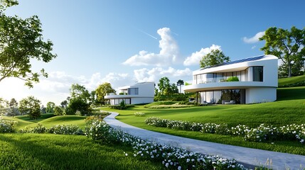 Fototapeta premium Scenic View of a Sustainable Energy Efficient Eco Village Integrated with Renewable Geothermal and Solar Power Technologies in a Peaceful Idyllic Countryside Setting