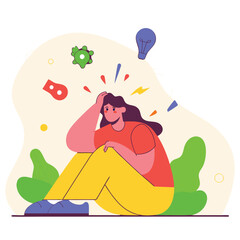 Stressed and hopeless, a frustrated woman with anxiety has a busy line of thoughts over her head. Vector illustration in flat cartoon style (2).eps