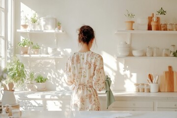Woman in floral dress in bright kitchen interior with plants and sunlight. Woman cleaning house