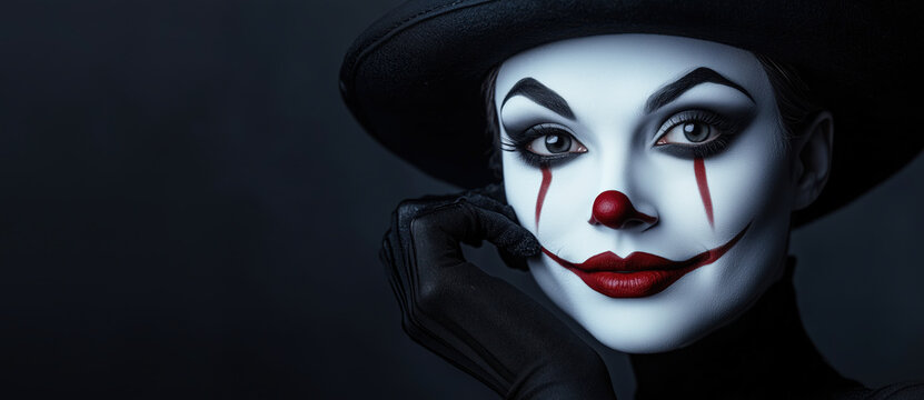 Striking portrait of a Pierrot clown with intricate makeup and a mysterious expression. The dark, moody atmosphere enhances the artistic and enigmatic aura of the character.
