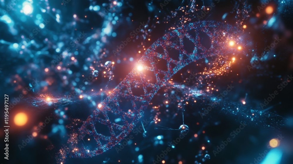 Poster Glowing DNA double helix illuminated by molecular connections in a scientific exploration. Generative AI