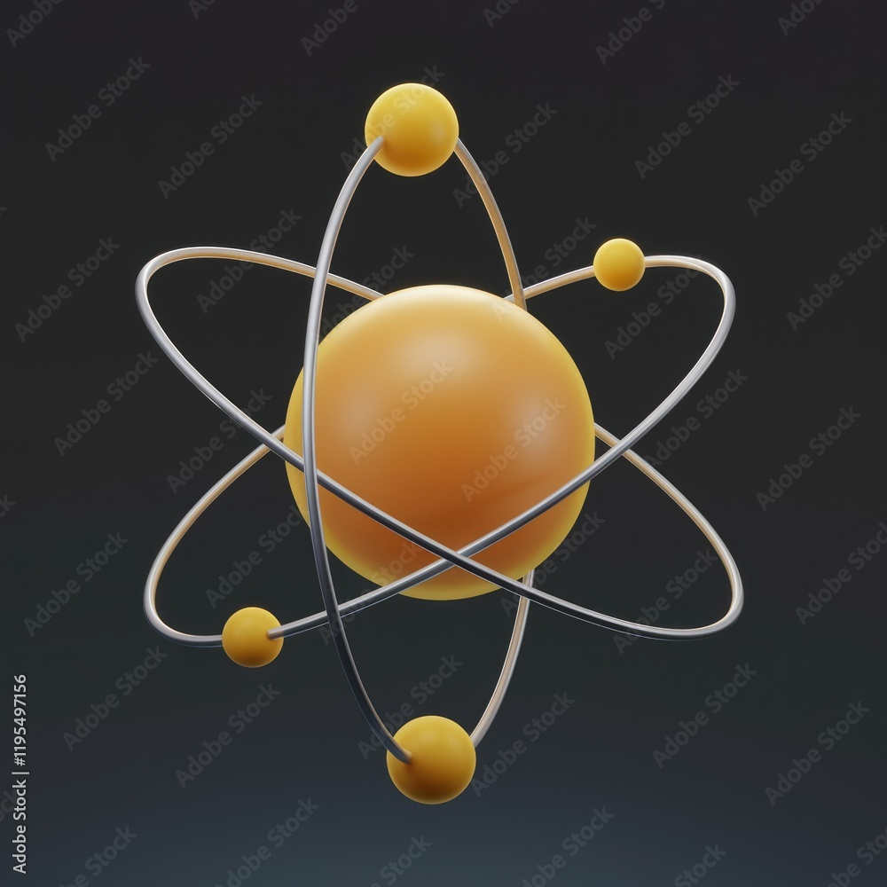 Poster a stylized 3d model of an atom, showcasing a central nucleus orbited by electrons.