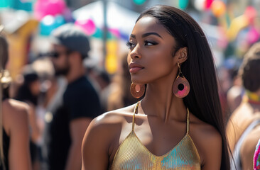 An elegant woman in a shimmering dress enjoys the vibrant atmosphere of an outdoor festival, surrounded by colorful decorations and a lively crowd.