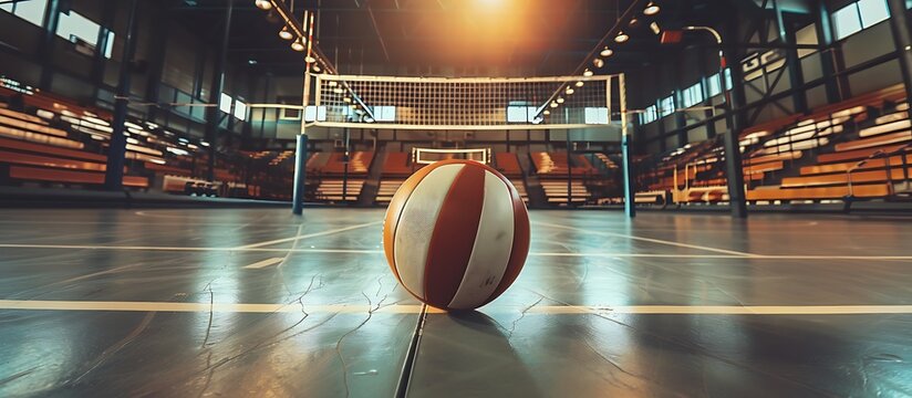 A volleyball sitting in the center of a brightly lit indoor court with the net and empty stands visible in the background emphasizing the anticipation of the game