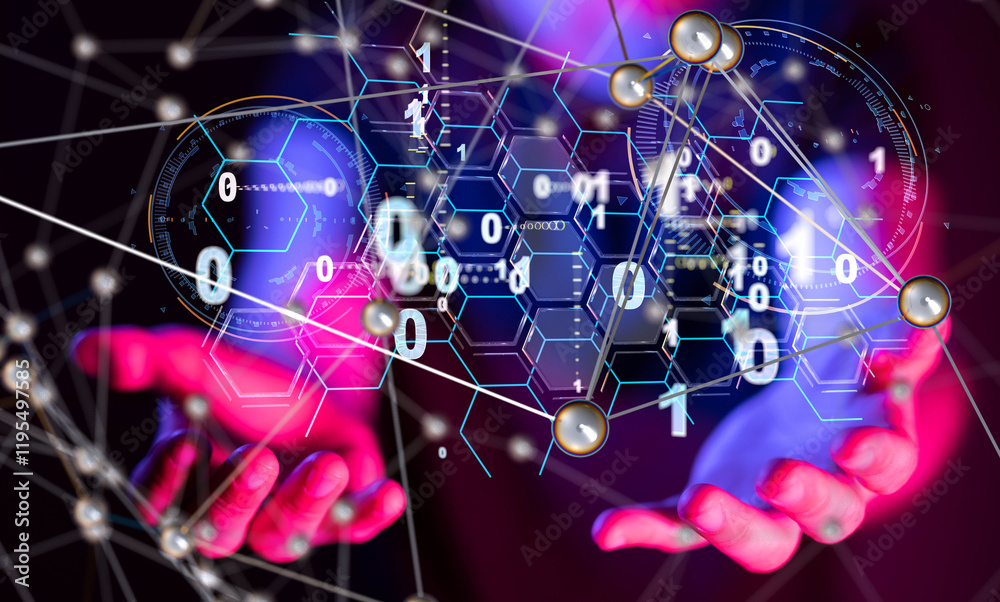 Poster Neural network 3D illustration. Big data and cybersecurity