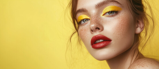 Close-up portrait of a woman with striking yellow eyeshadow and bold red lips, showcasing creative and colorful makeup. Her freckles and the yellow background add emphasis to the artistic look.