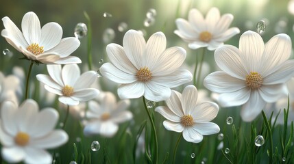 Close-up of white flowers with dewdrops in a sunlit garden setting