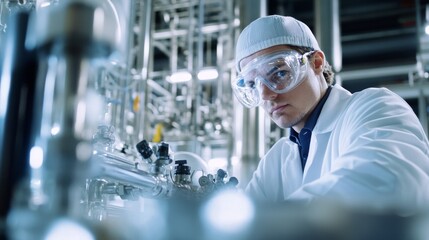 A close-up of a chemical plant operator in safety goggles and a lab coat, adjusting controls with a background of large reactors and pipelines, Chemical plant operation scene