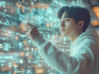 Korean Man Analyzing Futuristic Football Strategies with Floating Diagrams in Soft Pastel Tones