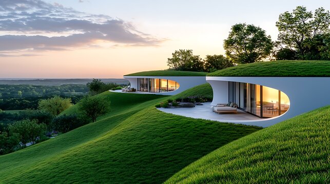 Stunning contemporary hillside villa with floor to ceiling glass walls wooden accents and lush landscaped grounds overlooking a scenic valley at sunset  The property features an elegant modern design