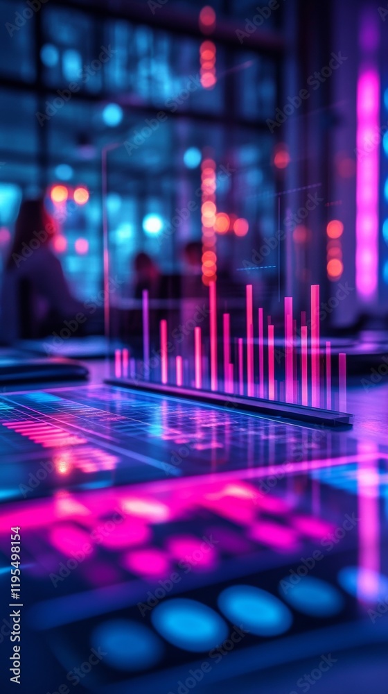 Aufkleber Futuristic Data Analysis in a Neon-Lit Office with Transparent Graphs