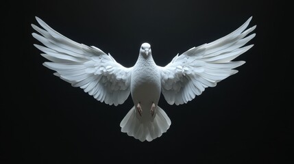 Majestic white dove with outstretched wings against dark background