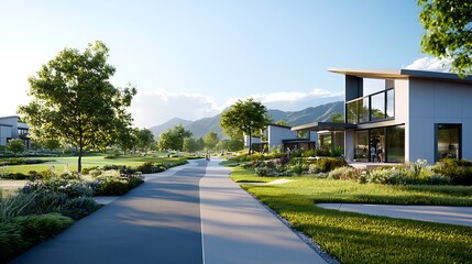 Naklejka premium Sustainable Geothermal Powered Community Hubs Surrounded by Lush Parks and Greenery A Modern