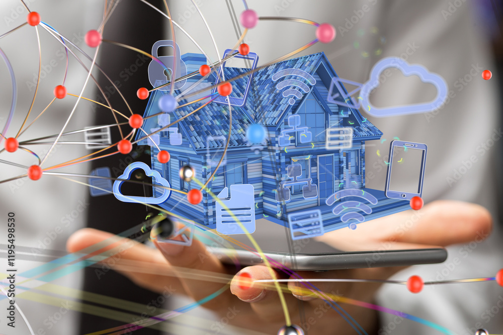 Poster home iot - Neural network 3D illustration. Big data and cybersecurity - 3d