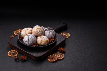 Sweet freshly baked round cookies of several types
