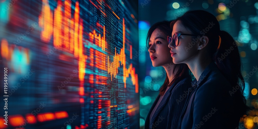 Poster cyberpunk financial visionaries analyzing dynamic data streams in neon-lit cityscape