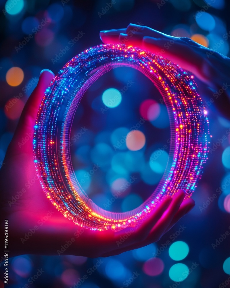 Poster hands holding a glowing neon digital ring against a blurred bokeh background