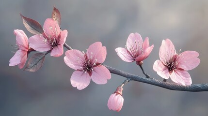 Obraz premium Delicate pink cherry blossoms on branch with soft focus background