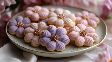 Naklejka premium Beautifully Decorated Flower-Shaped Cookies on a Plate Surrounded by Soft Pink Floral Accents and Soft Fabrics Creating a Delicate and Inviting Atmosphere