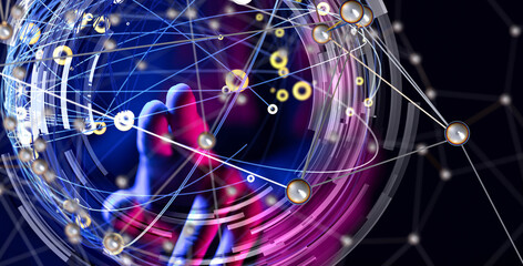Global network. Blockchain. 3D illustration. Neural networks and artificial intelligence. Abstract