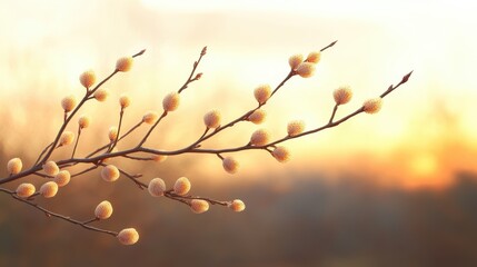 Sunlit branch with buds at sunrise in early spring landscape