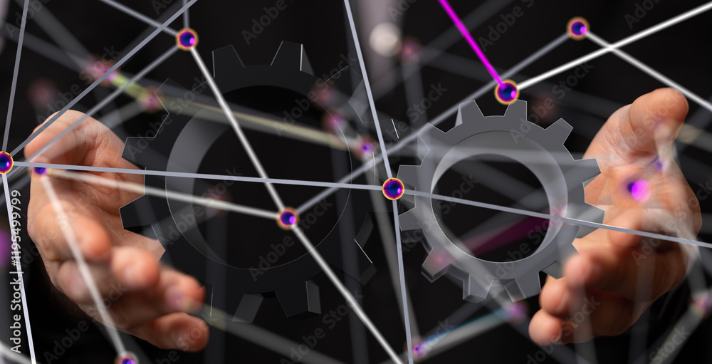 Poster gear system data. Connecting lines and dots.Big data visualization  - 3d