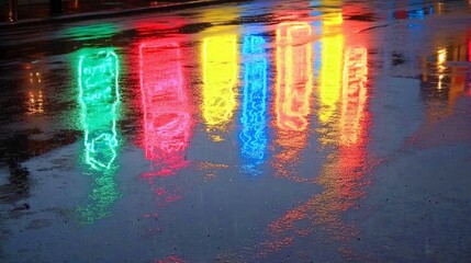 Vibrant Neon Lights Reflection in Rain Puddle