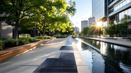 Tranquil Urban Riverwalk with Geothermal Powered Fountain Enhancing Sustainable Cityscape and Modern Architectural Design