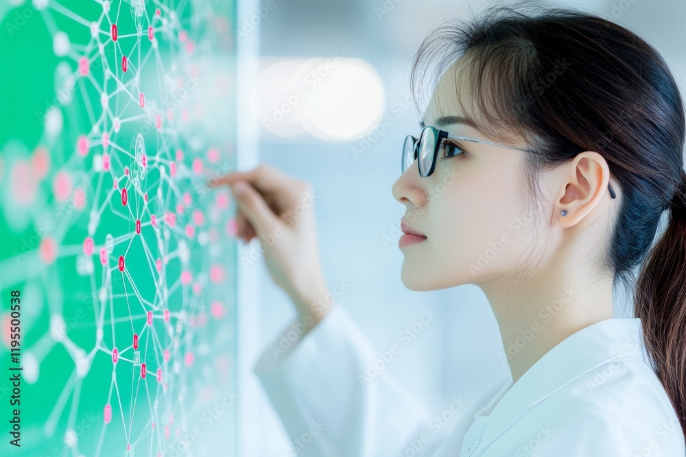 Poster asian female engineer analyzing data on high-tech digital dashboard in modern eco-friendly control r