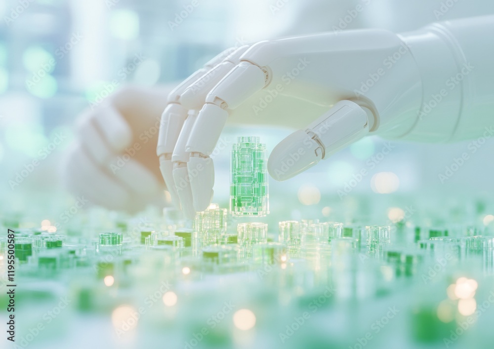Poster robotic precision in eco-friendly tech assembly futuristic cyberpunk innovation