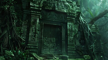 Ancient temple ruins overgrown with vines, hinting at lost civilizations and nature's reclamation.
