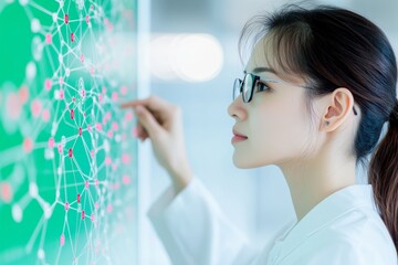 Asian Female Engineer Analyzing Data on High-Tech Digital Dashboard in Modern Eco-Friendly Control Room