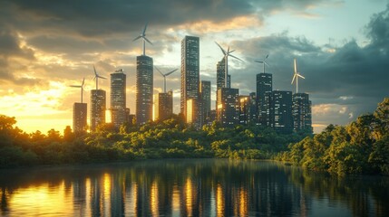 Fototapeta premium Futuristic Sustainable Skyline Wind Turbines and Solar-Powered Skyscrapers