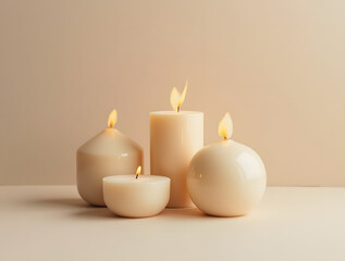 Handcrafted olive wax candles in various shapes, burning against a duotone pastel background. Minimalist design, creating a cozy and modern atmosphere.