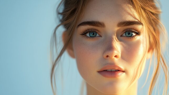 Young female with blue eyes and soft lighting against a sky background