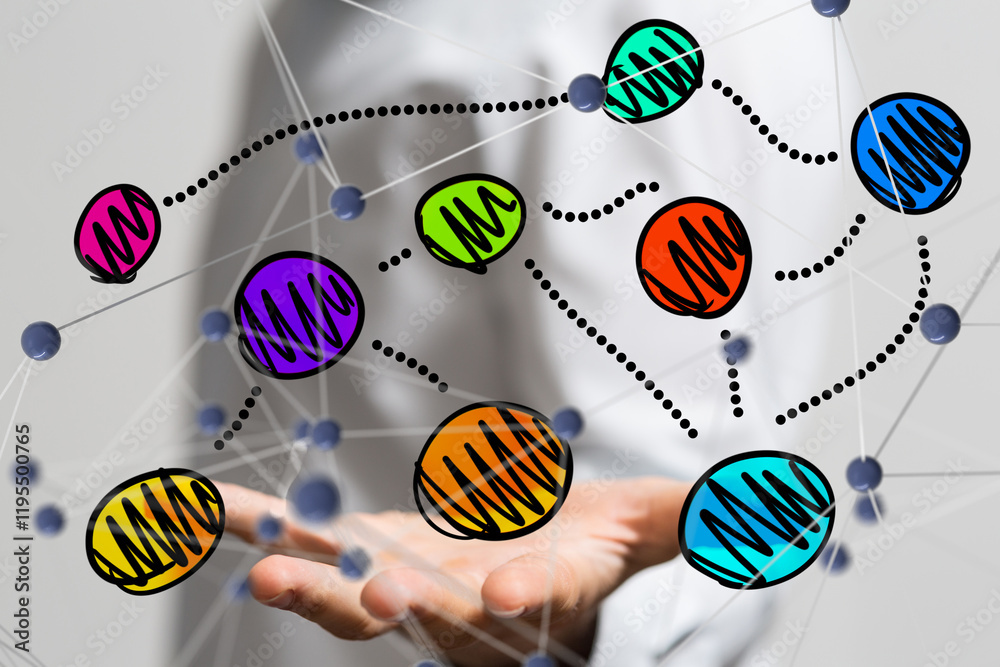Poster Global network. Blockchain. 3D illustration. Neural networks and artificial intelligence. Abstract