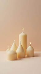 Handcrafted olive wax candles in various shapes, burning against a duotone pastel background. Minimalist design, creating a cozy and modern atmosphere.