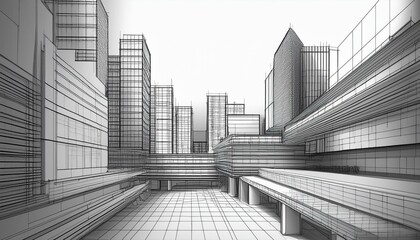 Fototapeta premium 3d illustration black and white architecture drawing modern architecture building decorative design abstract urban landscape