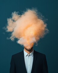 Eruptive Creativity Silhouette of Man Under Dramatic Firework Sparks Against a Smoky Blue Night Sky
