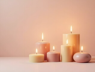 Handcrafted olive wax candles in various shapes, burning against a duotone pastel background. Minimalist design, creating a cozy and modern atmosphere.