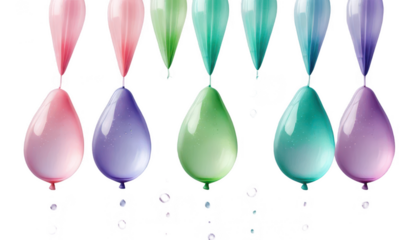 A series of water balloons in pastel tones of pink, lavender, and mint green, perfectly aligned in a diagonal row, with droplets sparkling as they fall, on a transparent background PNG