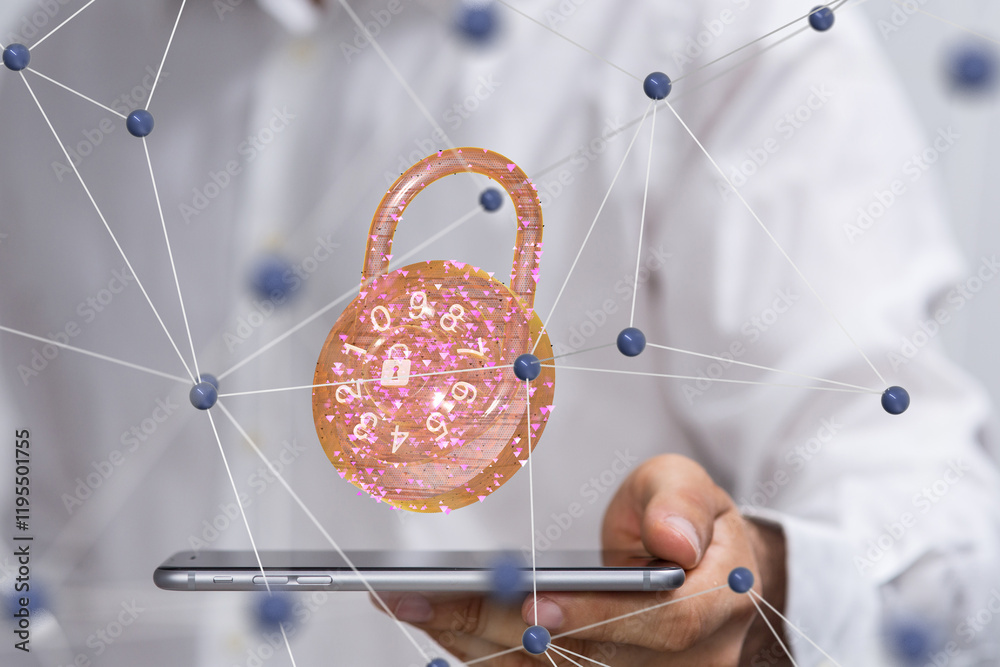 Poster Security Shield concept, data protection. Shield with dots and lines connectio