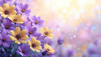 Vibrant yellow and purple flowers in a dreamy pastel light setting