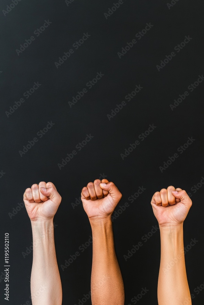Poster Unity in Diversity Raised Fists of Different Skin Tones Against Black Background